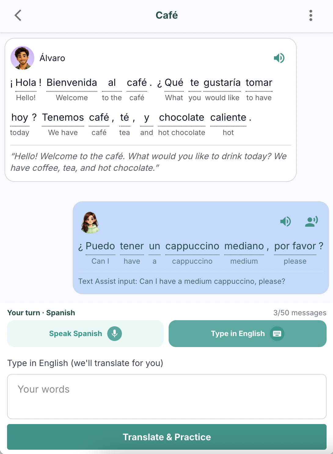 PalmSpeak café roleplay scene showing AI barista Alvaro speaking Spanish with word-by-word English translations, and options to speak in Spanish or type in English