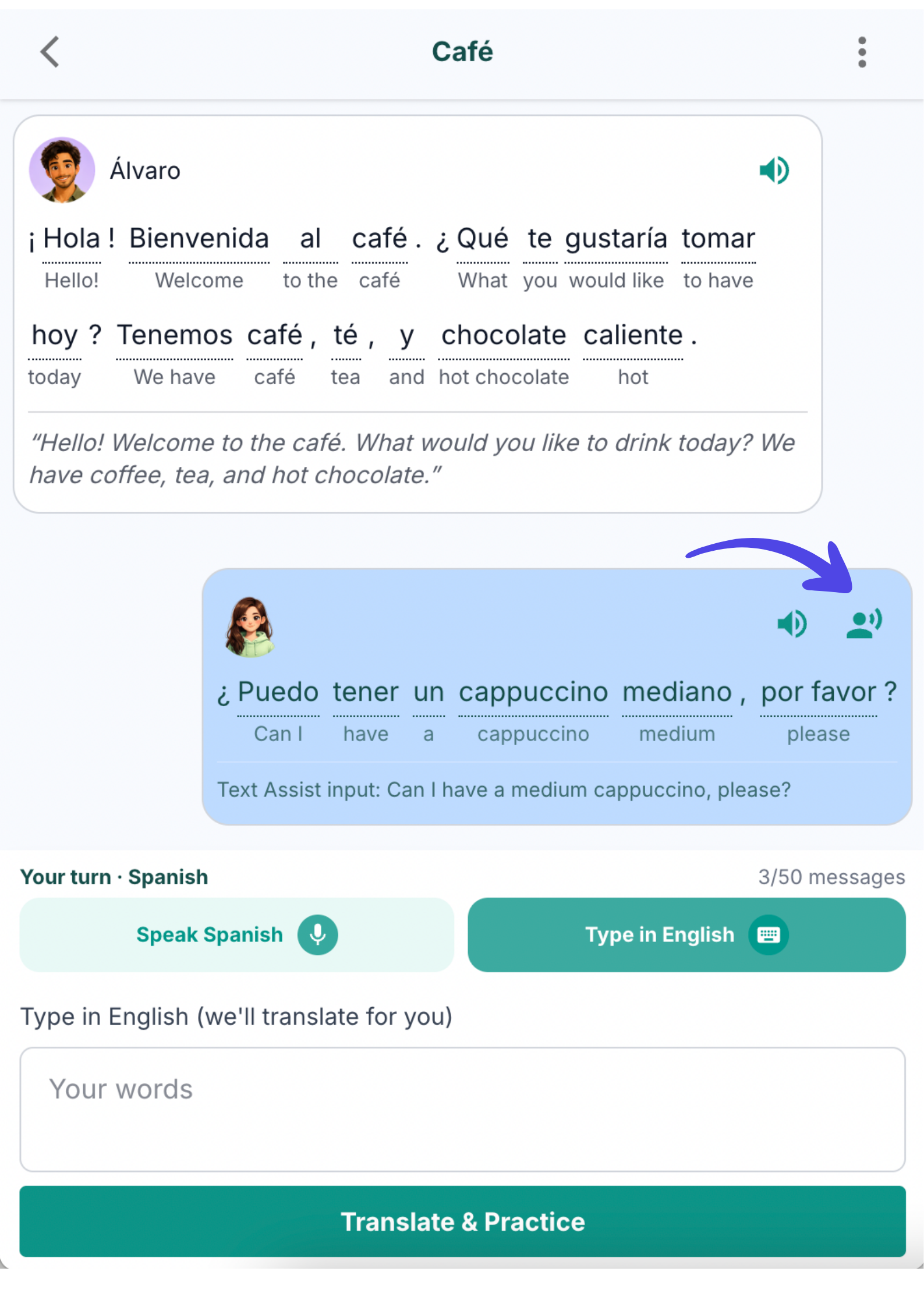PalmSpeak AI conversation showing the listen button to hear the full sentence spoken aloud