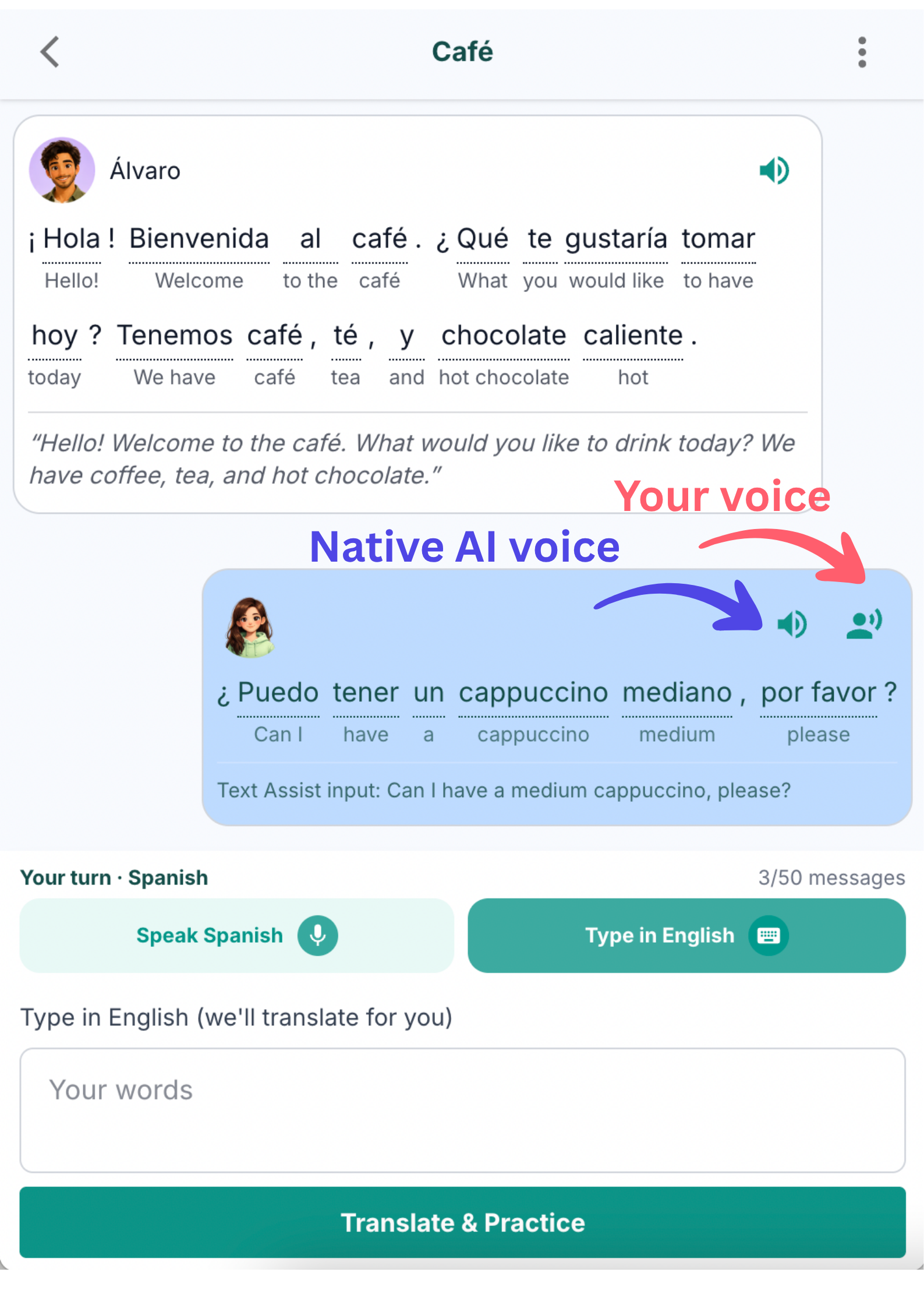 PalmSpeak roleplay scene showing two audio buttons on the user's turn: one for the native AI voice, one for the user's own recorded voice