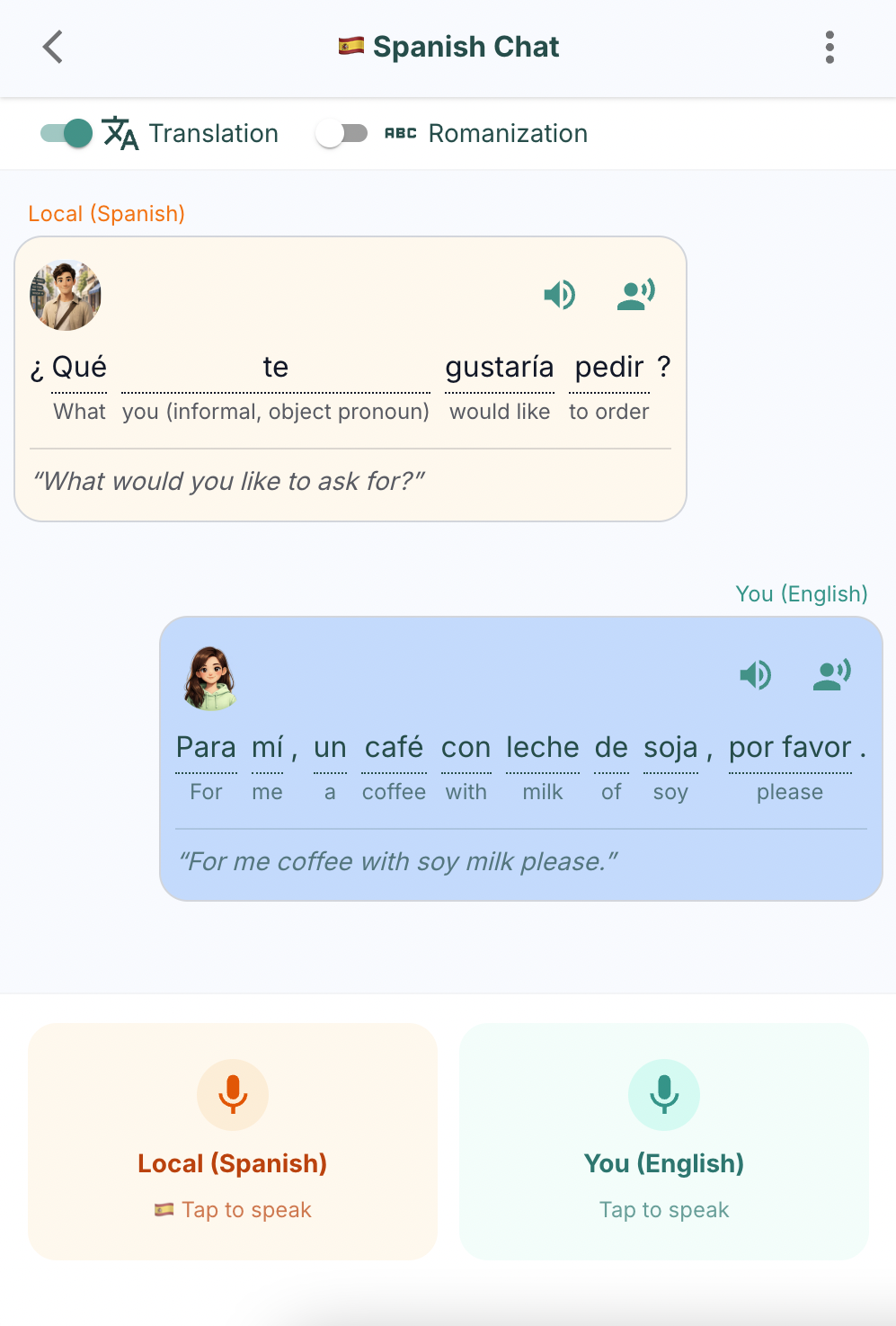 PalmSpeak Talk feature showing a live conversation with a local, with word-by-word translation appearing in real time