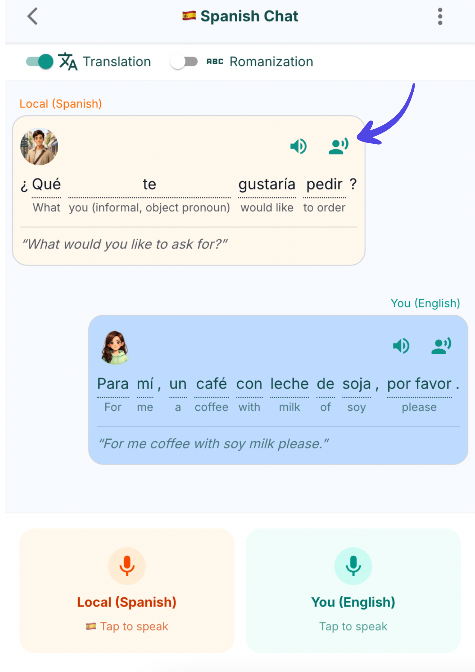 PalmSpeak saved conversation showing a local's recorded speech in the foreign language