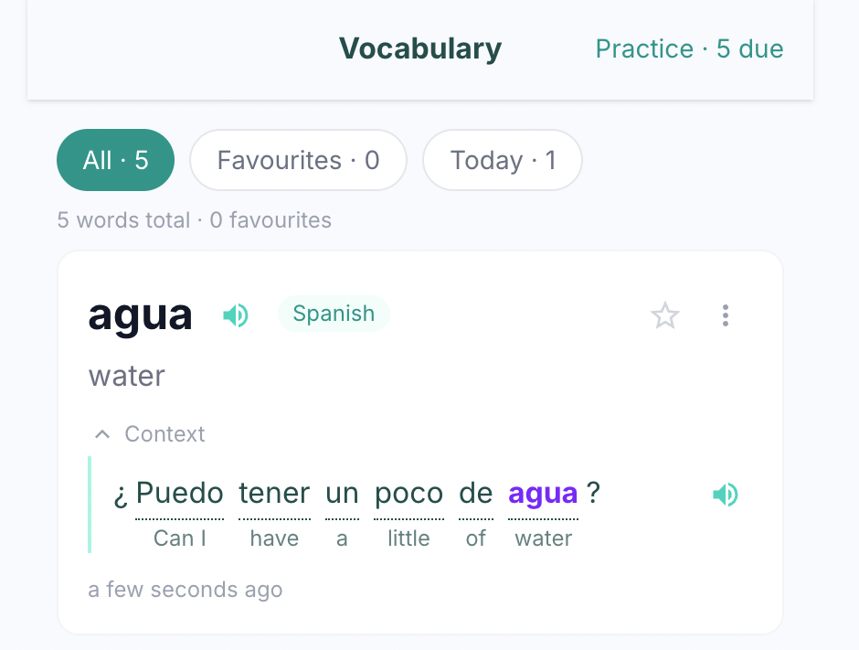 PalmSpeak vocabulary review showing a saved Spanish word with its full context sentence and word-by-word translation from the original conversation