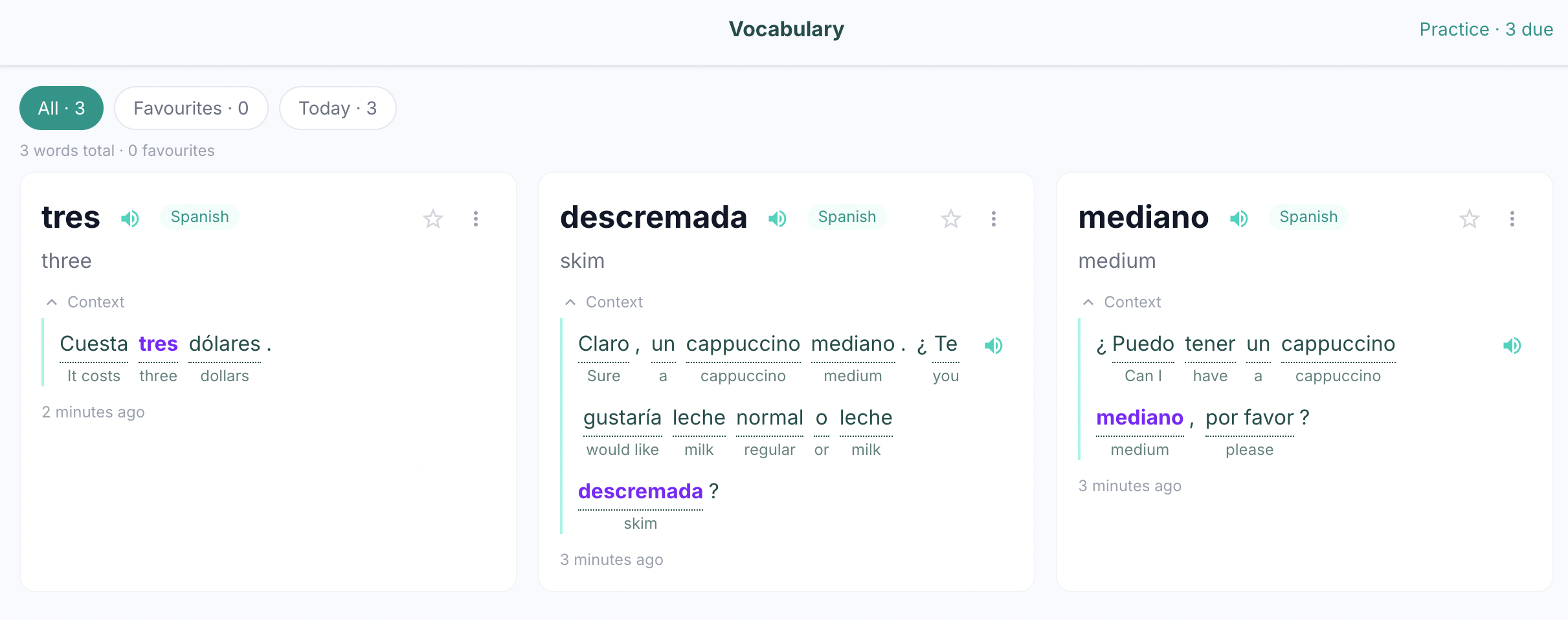 PalmSpeak vocabulary screen showing the word 'agua' saved with the full sentence ¿Puedo tener un poco de agua? and a word-by-word English translation beneath it